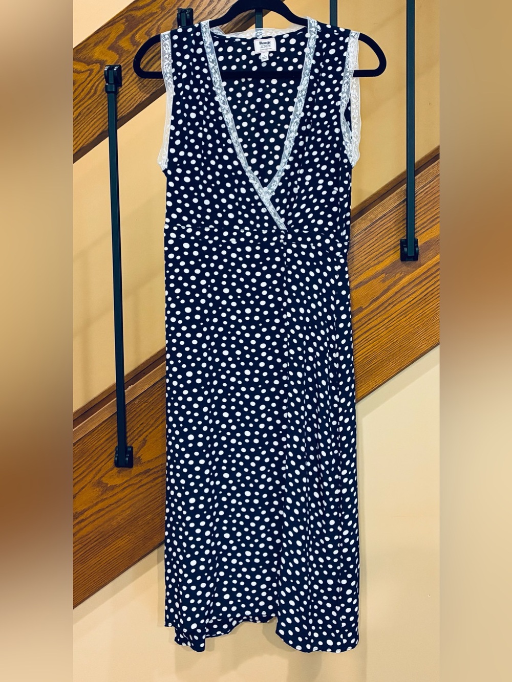 Rouje x J.Crew Wrap Dress Polka Dot Lace Trim V-Neck Midi Blue White SZ. 6